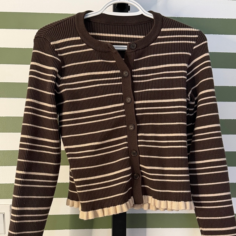 Women’s Brown Striped Button-Up Sweater with Cream Accents
